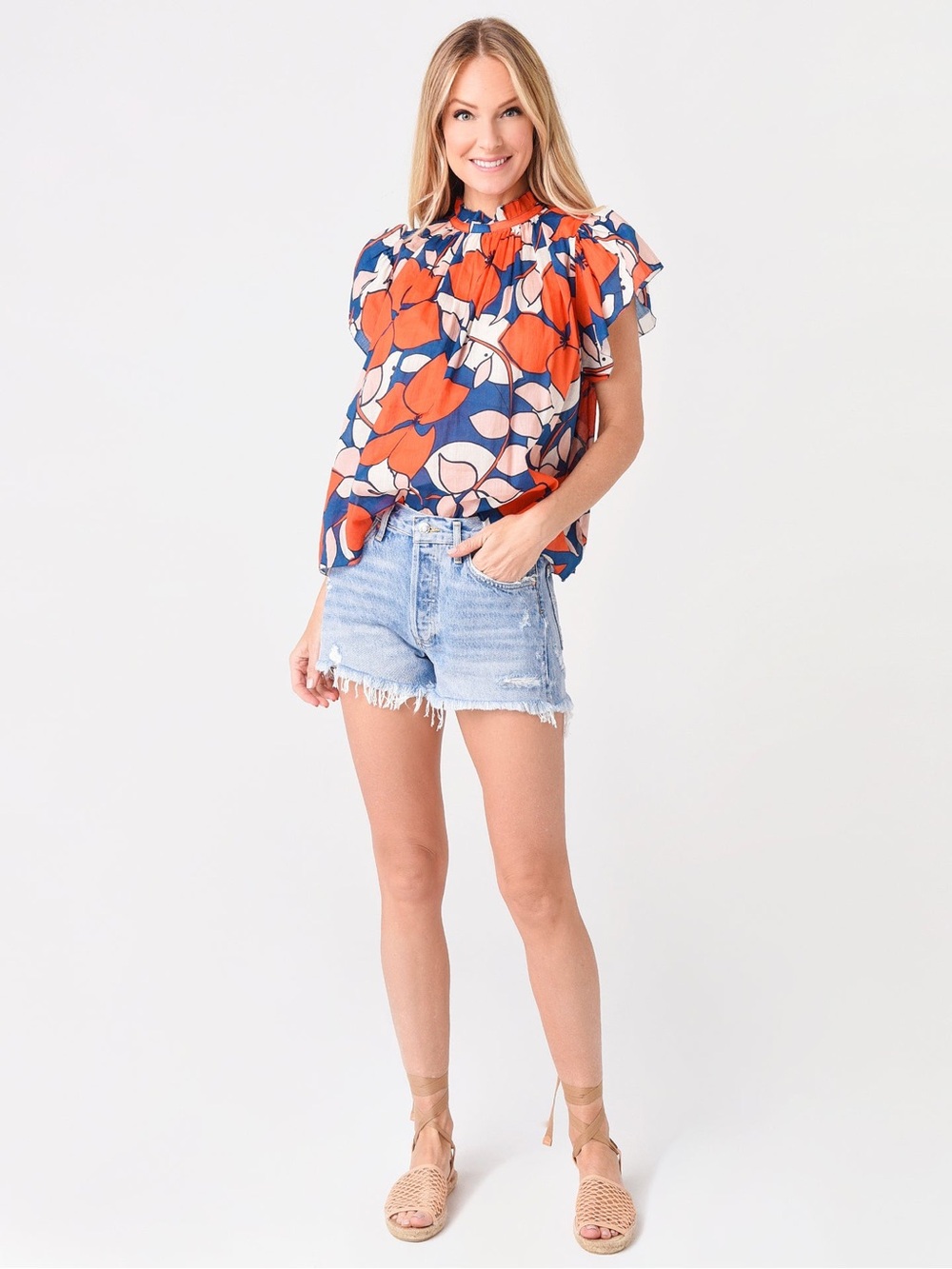 TROVATA Carla High Neck Floral Ruffle Blouse Blue Orange Women Size M